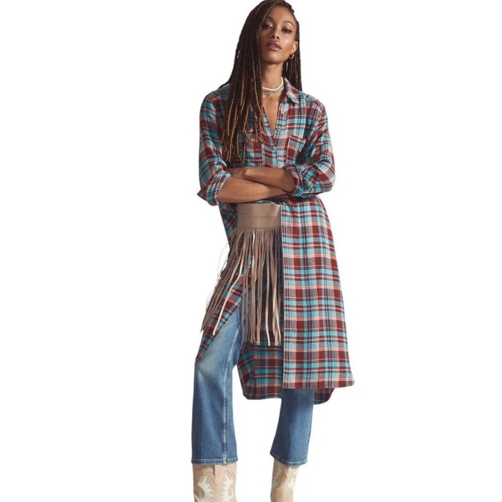 Anthropologie‎ PILCRO Shirt SMALL Plaid Tunic Long Duster Button Down Maxi